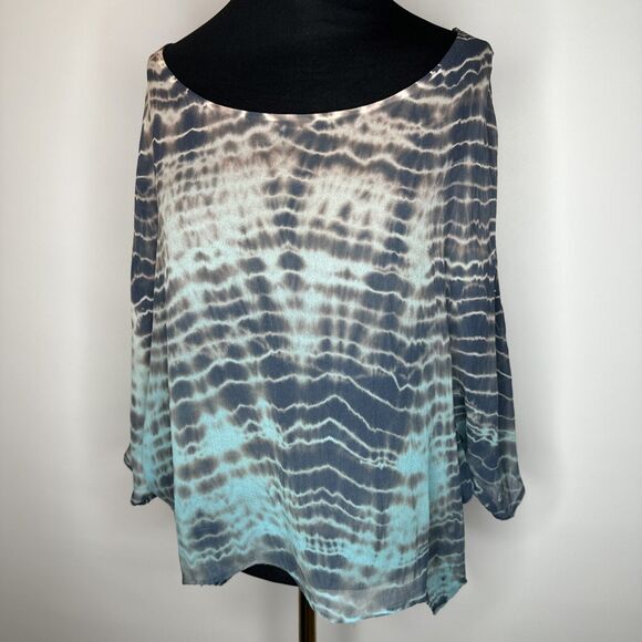Gypsy 05 Silk Boat Neck Dolman Sleeve Blouse Size S Blue Tie Dye High Low Boho - Picture 4 of 11